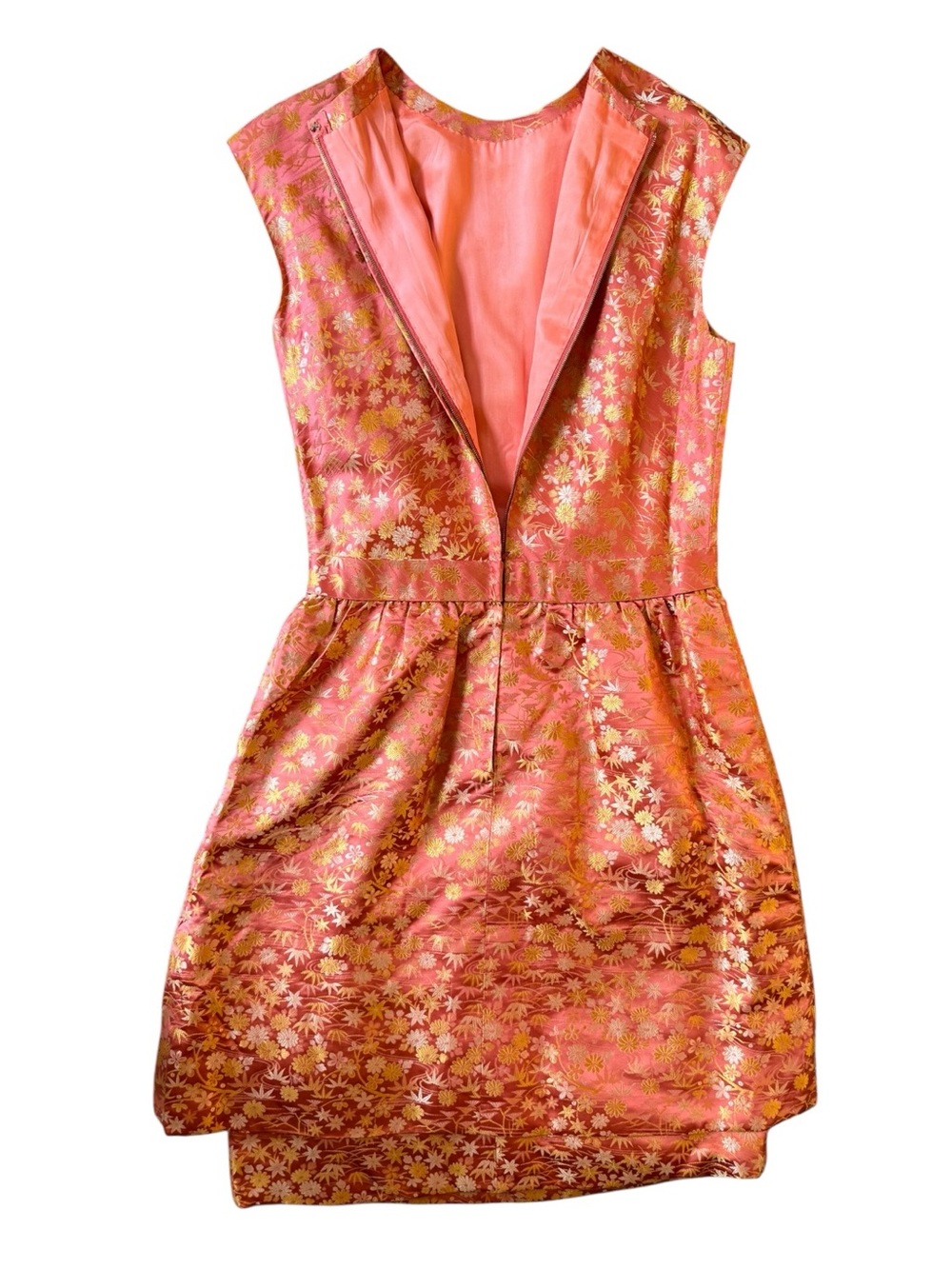 Handmade Silk Brocade Dress Pink Gold Floral Asian Inspired Bow Waist Small - Picture 4 of 11